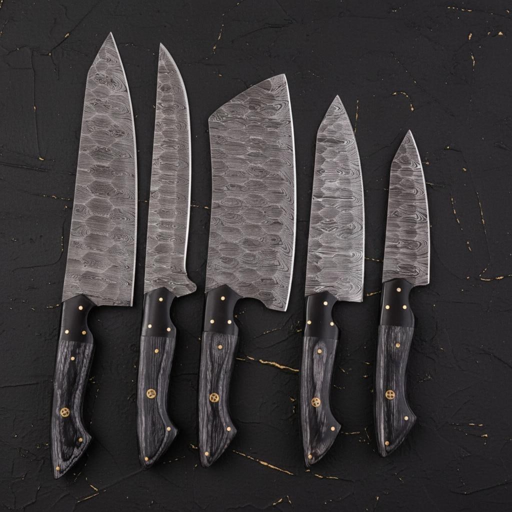 Handmade 5-Piece Damascus Steel Chef Knife Set Kitchen Knives with Leather Sheath - 2