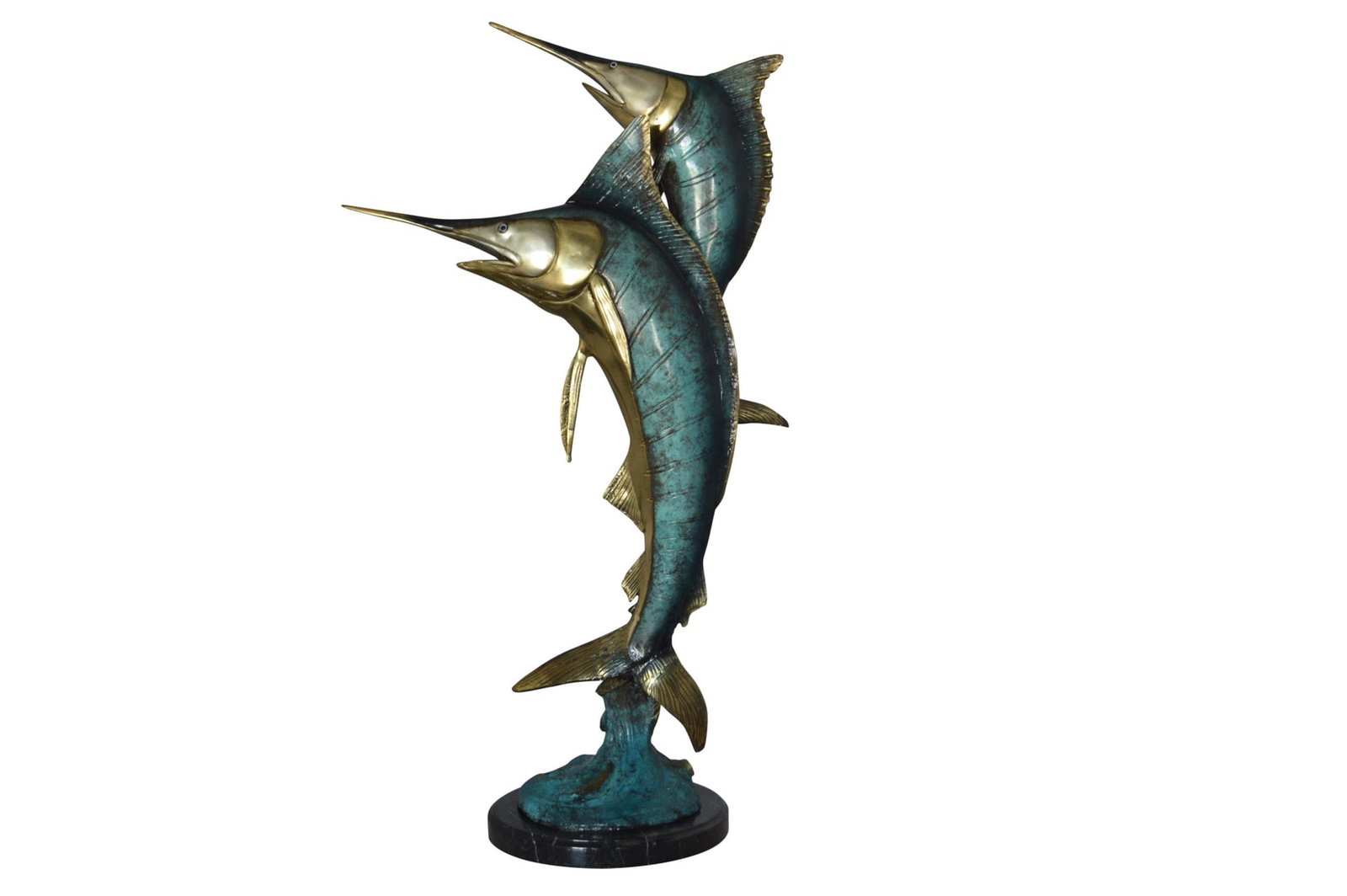 Pair of Marlin Fish Bronze Statue - Size: 16"L x 7"W x 31"H.: Title:Pair of Marlin Fish Bronze Statue - Size: 16"L x 7"W x 31"H.Description:This bronze statue of a pair of marlin fish is glorious in detail and color. Using a process known as enameling over