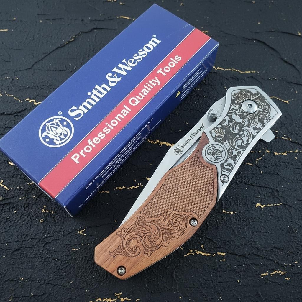 Checkered Wood Handle S&W Unwavered Folding Knife with 3.5" Assisted Satin Blade - 4