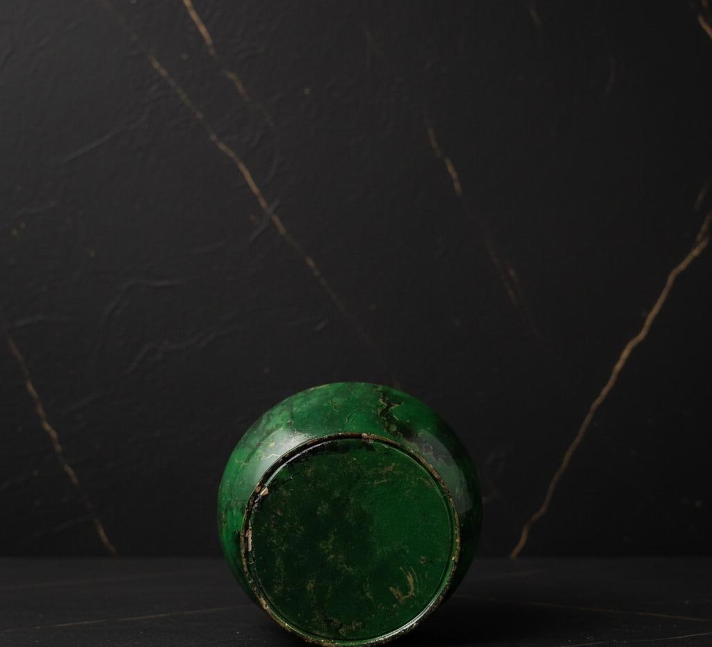 Vintage Chinese Decorative Urn Green Enamel Metal Vase with Ornate Gold Bamboo Handle - 2