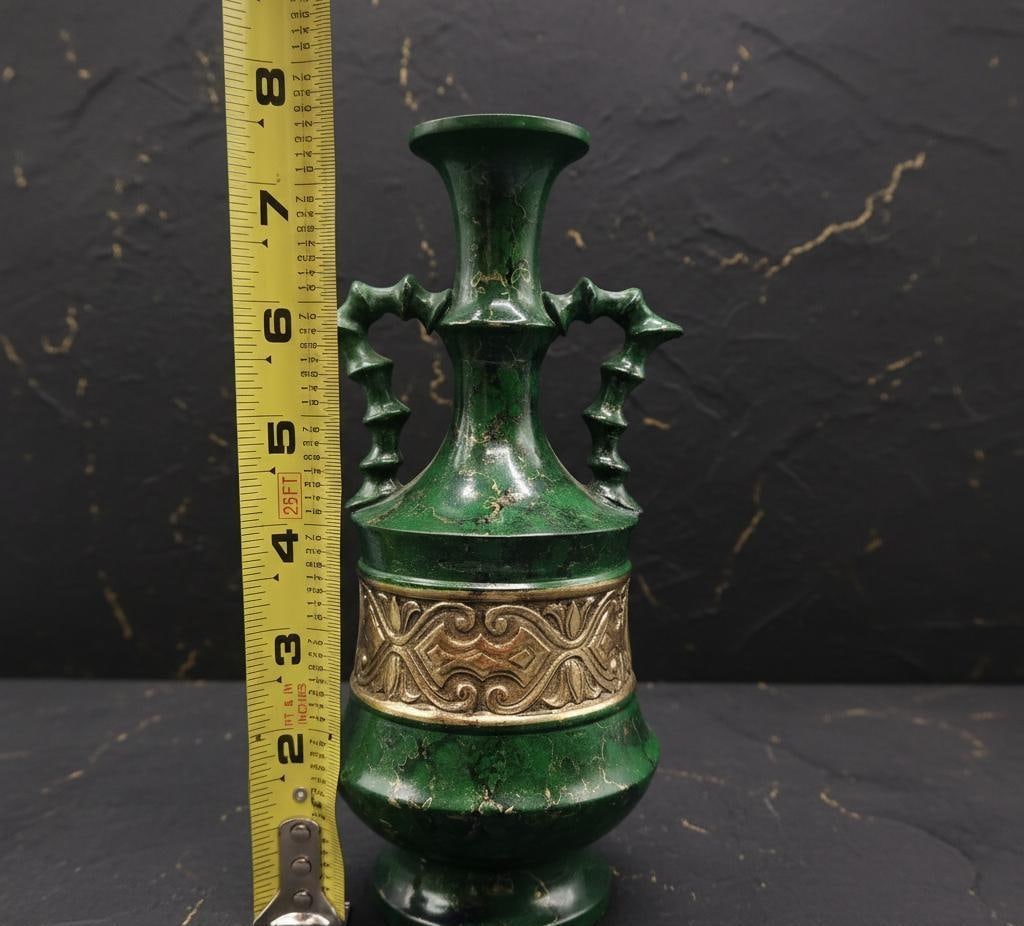 Vintage Chinese Decorative Urn Green Enamel Metal Vase with Ornate Gold Bamboo Handle - 4