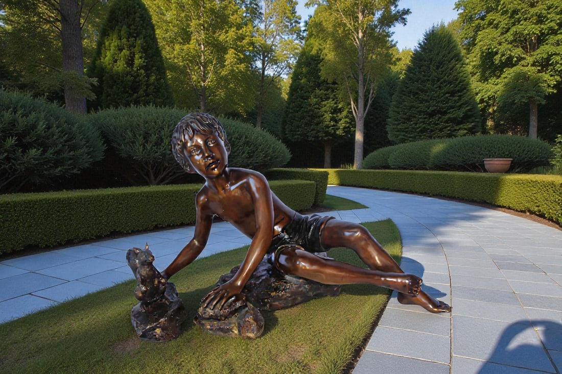 Adventurous boy with squirrel bronze statue - Size: 36"L x 18"W x 22"H. - 3