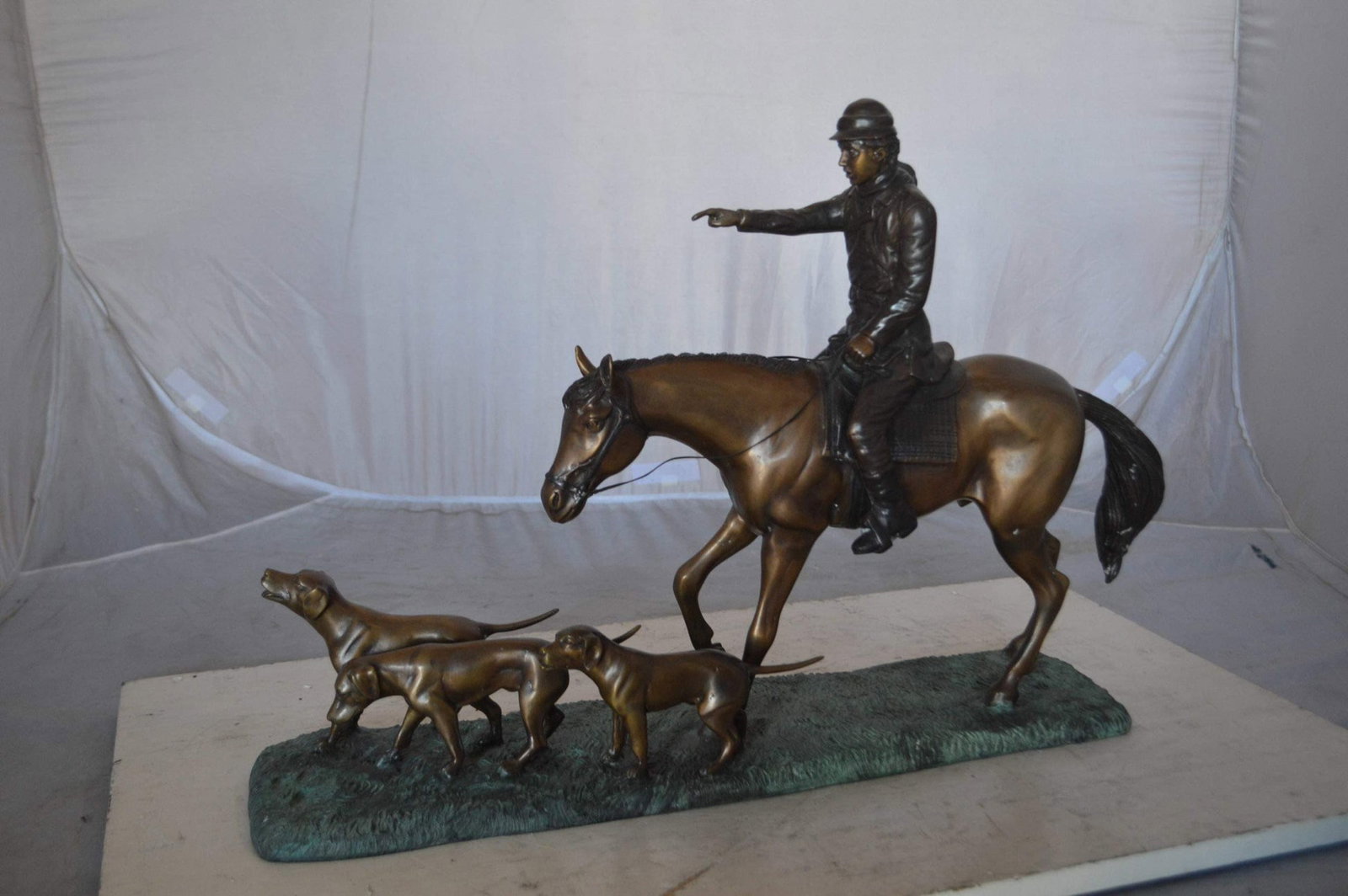 Hunter with three dogs Bronze Statue - Size: 27"L x 6"W x 18"H. - 9