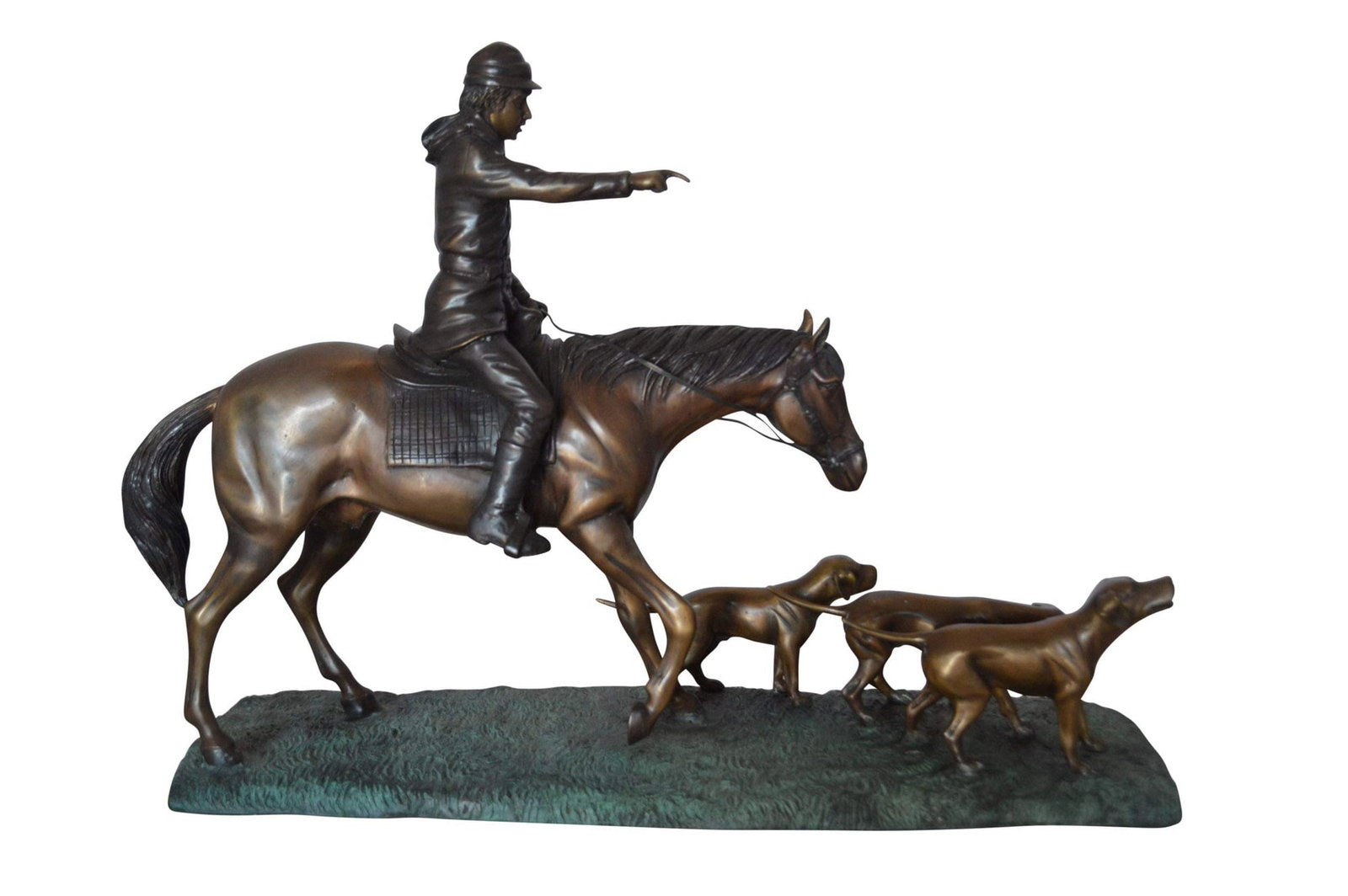 Hunter with three dogs Bronze Statue - Size: 27"L x 6"W x 18"H.: Title:Hunter with three dogs Bronze Statue - Size: 27"L x 6"W x 18"H.Description:This bronze hunter on a horse is boldly commanding the dogs where to go This bronze statue includes multiple pieces on