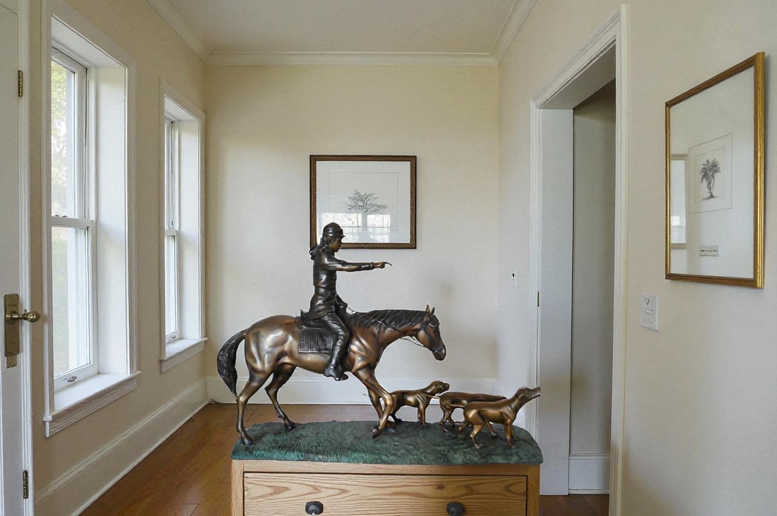 Hunter with three dogs Bronze Statue - Size: 27"L x 6"W x 18"H. - 2