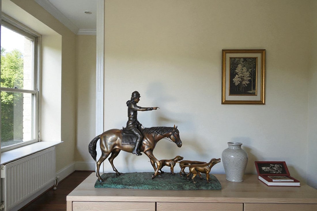 Hunter with three dogs Bronze Statue - Size: 27"L x 6"W x 18"H. - 3