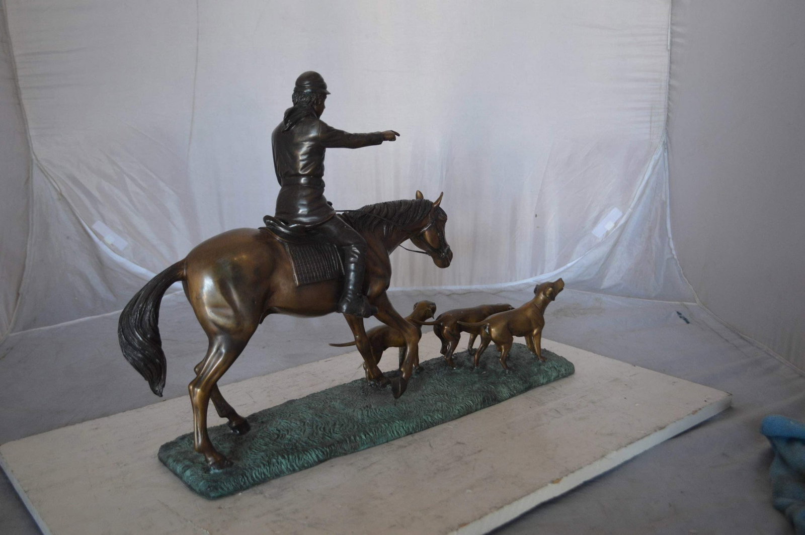 Hunter with three dogs Bronze Statue - Size: 27"L x 6"W x 18"H. - 5