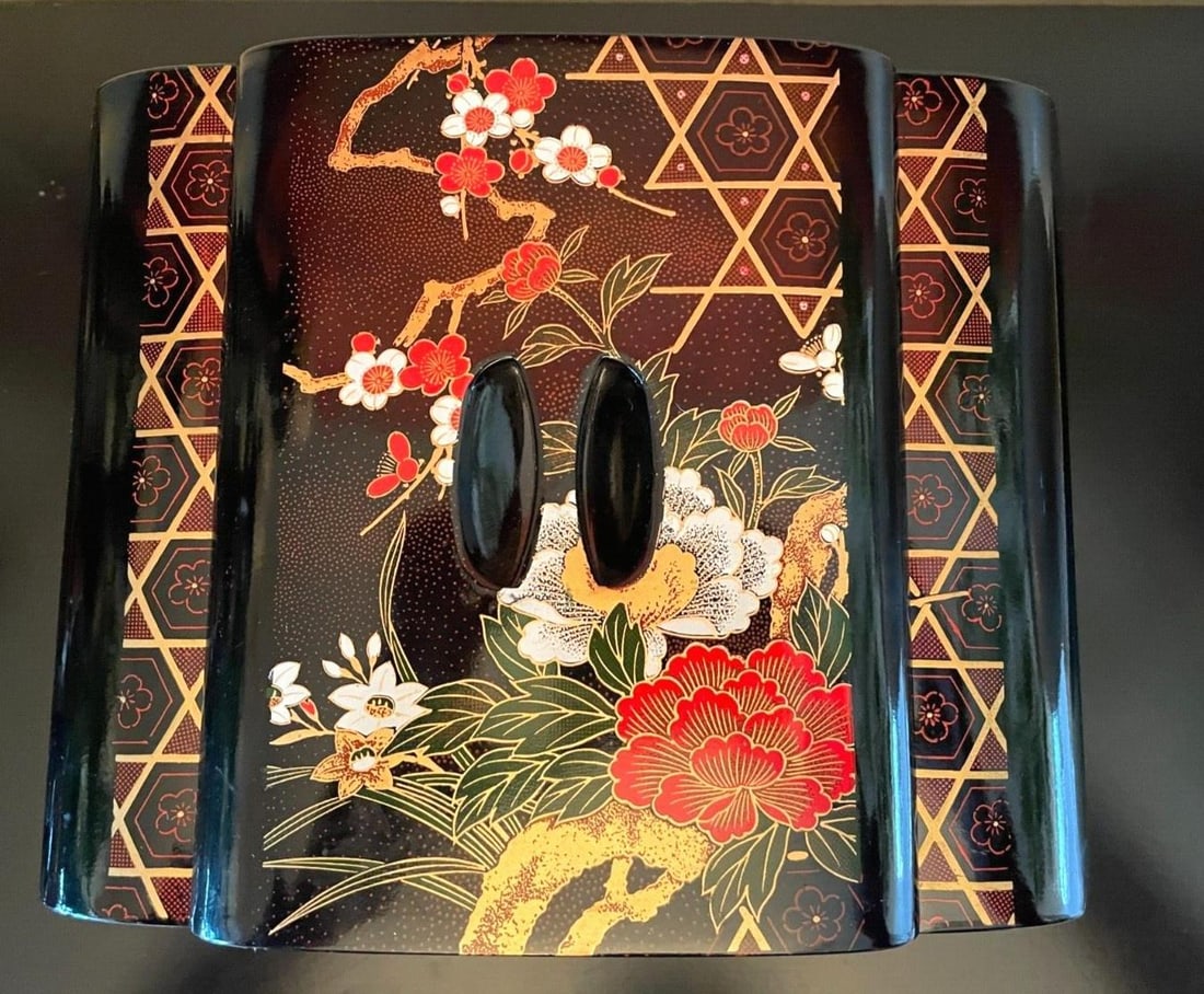 Vintage Japanese 3 Tier Lacquer Bento Box Yamanaka Ware Floral Jewelry Storage - 2