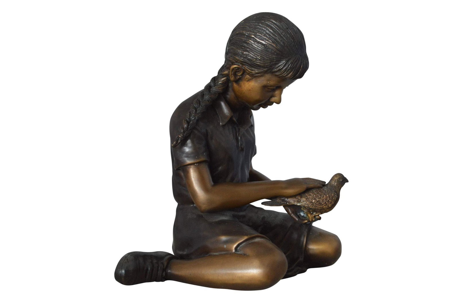 Young seated girl with bird bronze statue - Size: 12"L x 9"W x 14"H.: Title:Young seated girl with bird bronze statue - Size: 12"L x 9"W x 14"H. Description:This delicate and beautiful bronze statue depicts a young girl joyfully petting a bird on her lap. The simplicity
