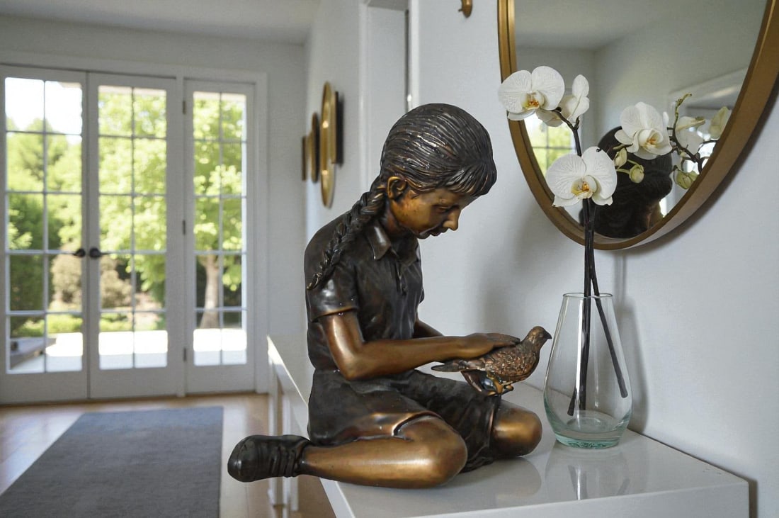 Young seated girl with bird bronze statue - Size: 12"L x 9"W x 14"H. - 3
