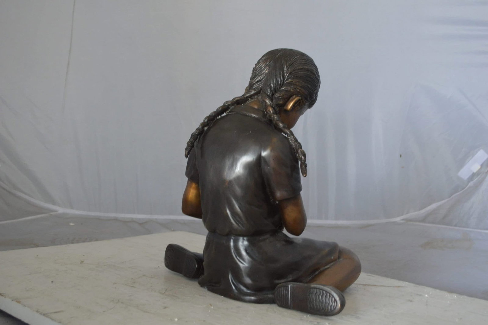 Young seated girl with bird bronze statue - Size: 12"L x 9"W x 14"H. - 4