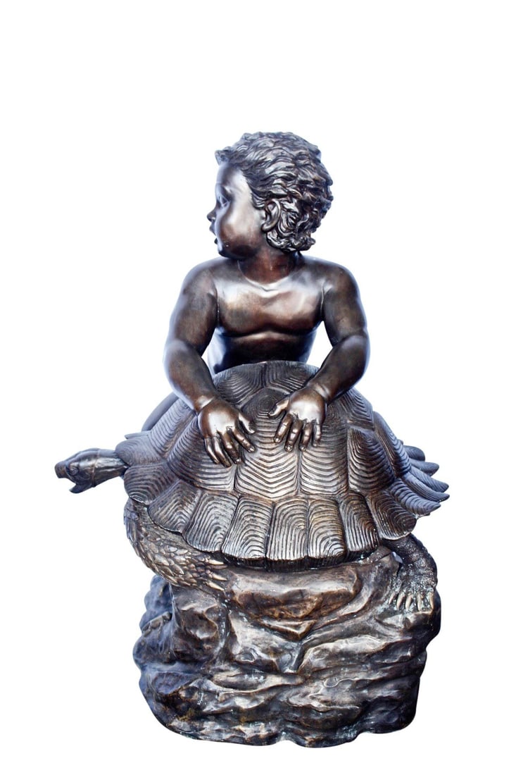 Naked toddler on turtle bronze statue Art Nude - Size: 23"L x 26"W x 34"H.: Title:Naked toddler on turtle bronze statue Art Nude - Size: 23"L x 26"W x 34"H.Description:This bronze statue is unique and would look wonderful in a garden or outdoors area. In this piece of art, a