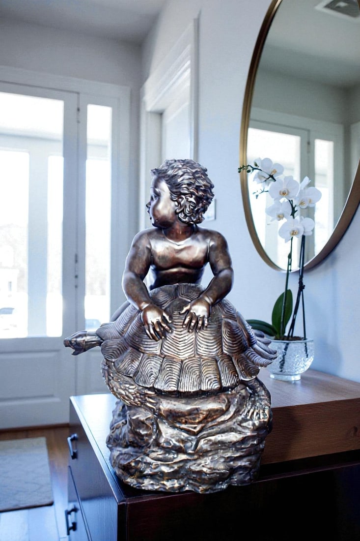 Naked toddler on turtle bronze statue Art Nude - Size: 23"L x 26"W x 34"H. - 3