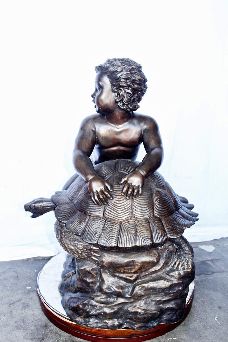 Naked toddler on turtle bronze statue Art Nude - Size: 23"L x 26"W x 34"H. - 4