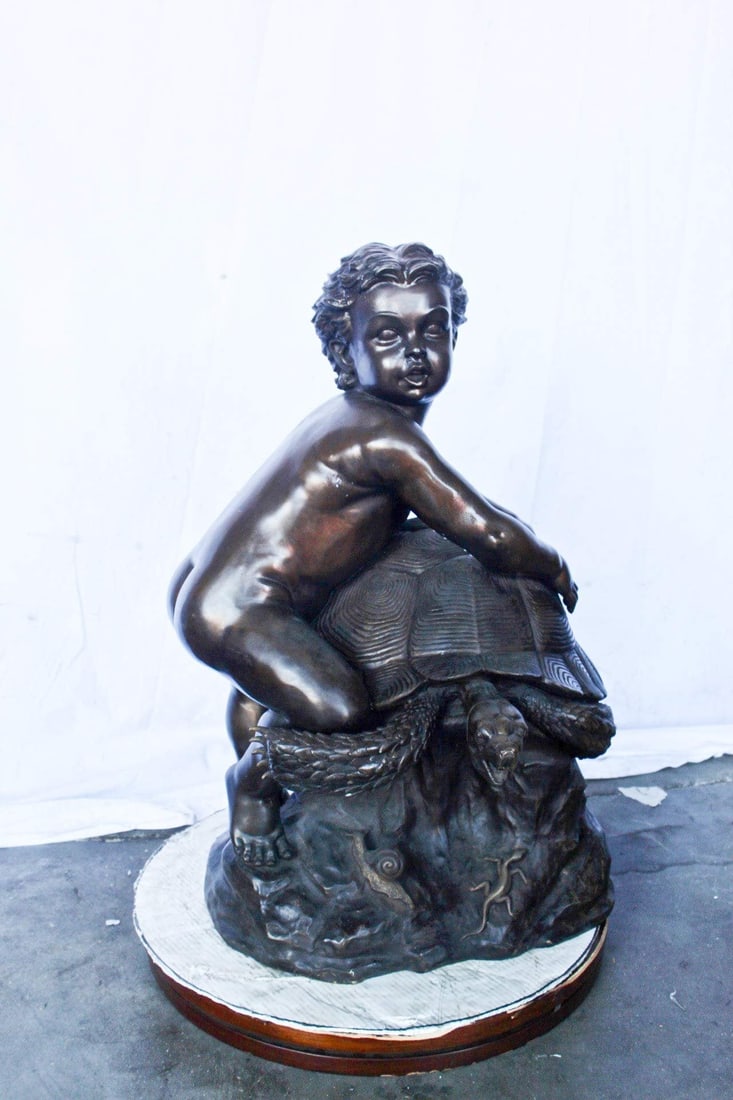 Naked toddler on turtle bronze statue Art Nude - Size: 23"L x 26"W x 34"H. - 6