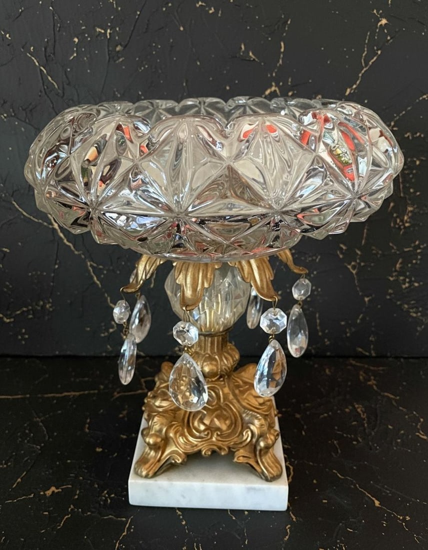 Hollywood Regency Cherub 3 Piece Set L&L WMC Gold Crystal Pedestal Bowl & Candle Holders - 9