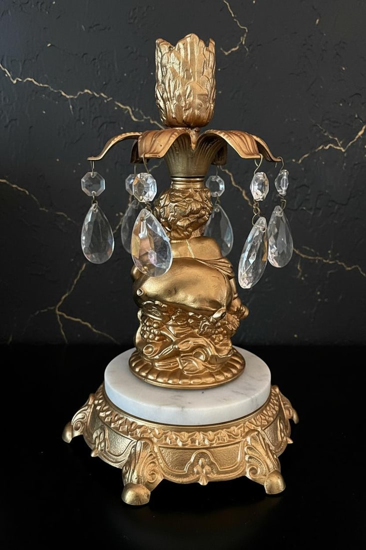 Hollywood Regency Cherub 3 Piece Set L&L WMC Gold Crystal Pedestal Bowl & Candle Holders - 3