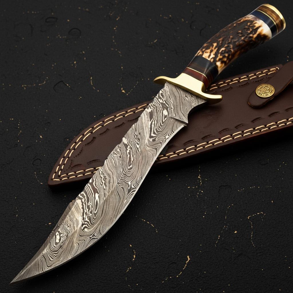 Forged Damascus Steel Hunting Bowie Knife 10" Custom Made with Deer Antler Handle (1 of 6)