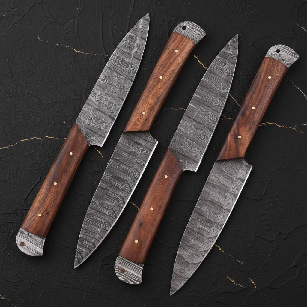 Set of 4 Damascus Steel Steak Knives - Hand Forged, Twist Pattern, Rosewood Handle: Title:Set of 4 Damascus Steel Steak Knives - Hand Forged, Twist Pattern, Rosewood HandleDescription:This listing is for a set of four custom hand-forged steak knives. Each knife features a