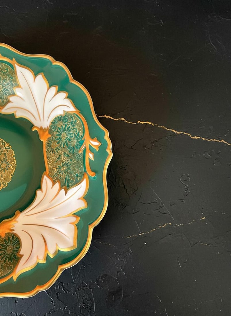 Antique Weimar Jutta Pattern Pedestal Stand, Green & Gold Floral Porcelain Plate - 12