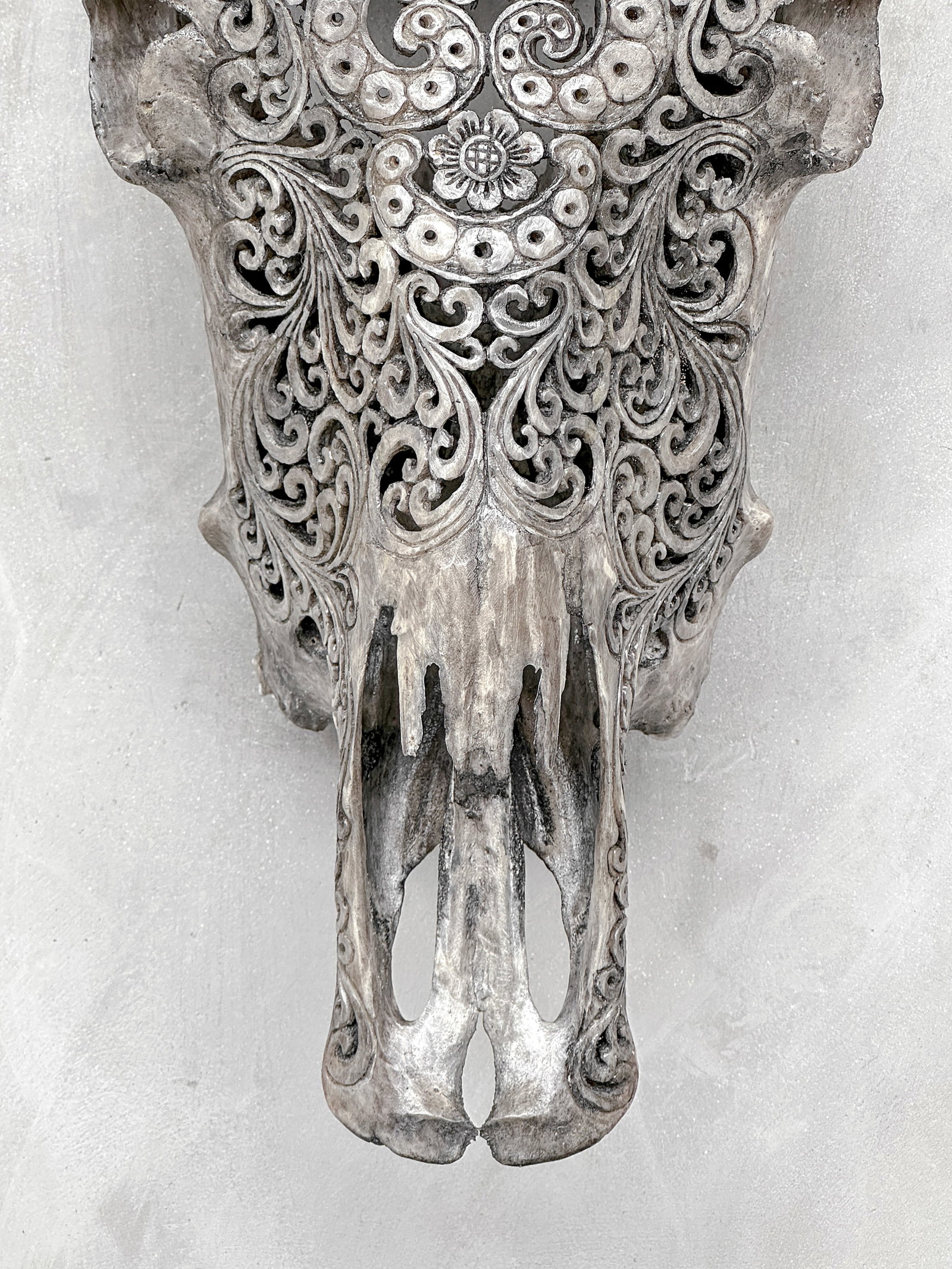 Stunning carved grey bull's skull - Badong motif - 4