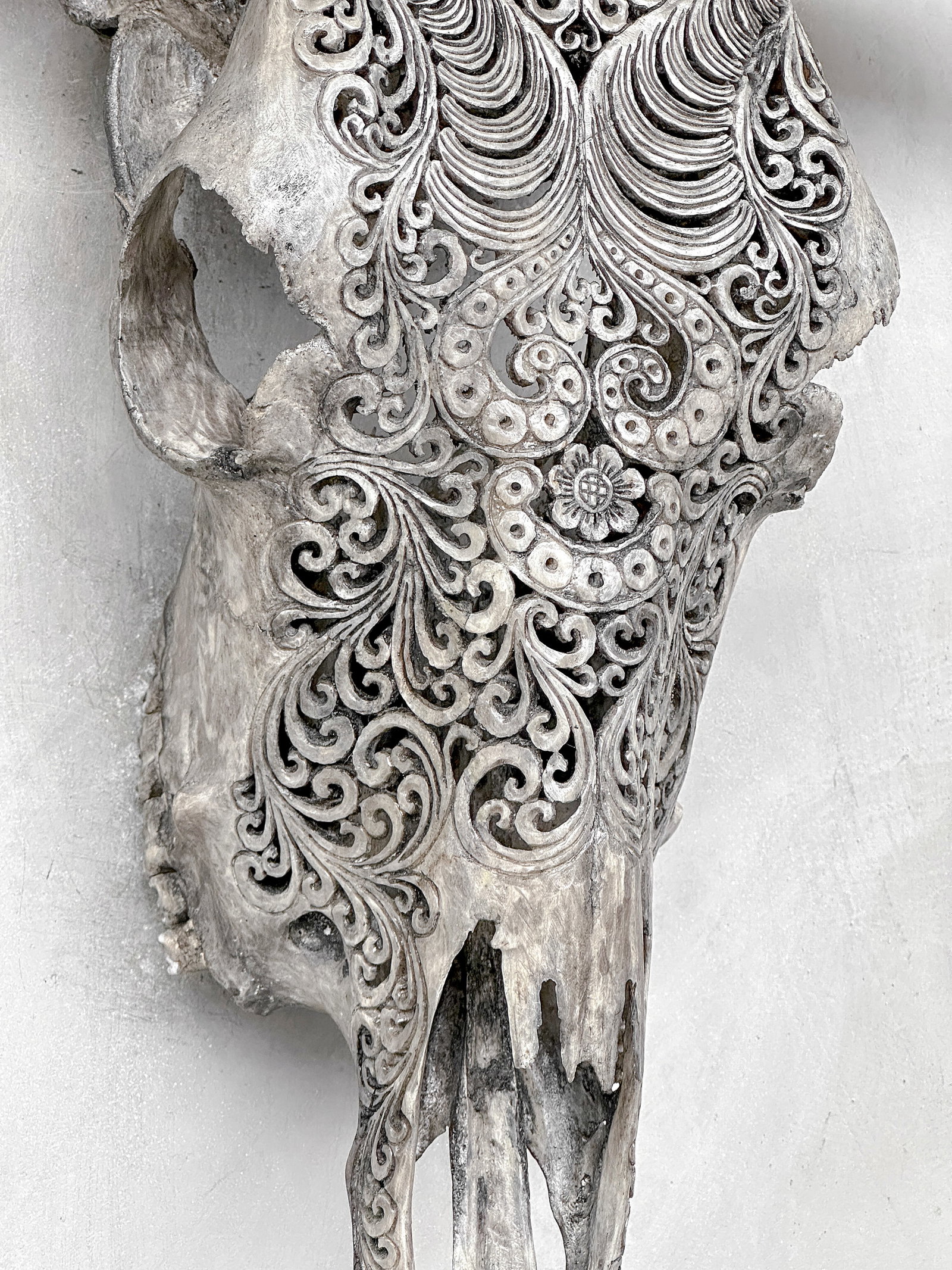 Stunning carved grey bull's skull - Badong motif - 6
