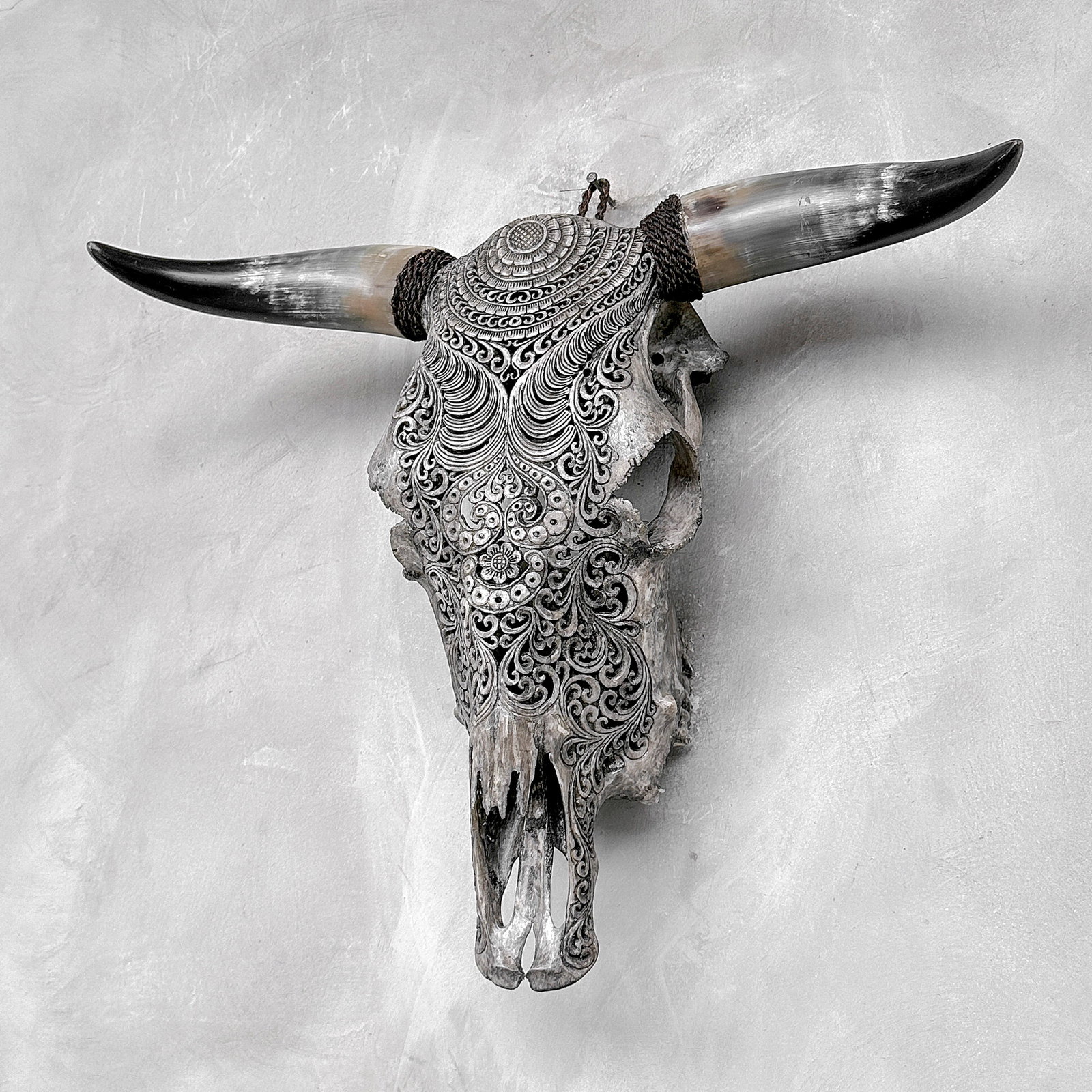 Stunning carved grey bull's skull - Badong motif - 7