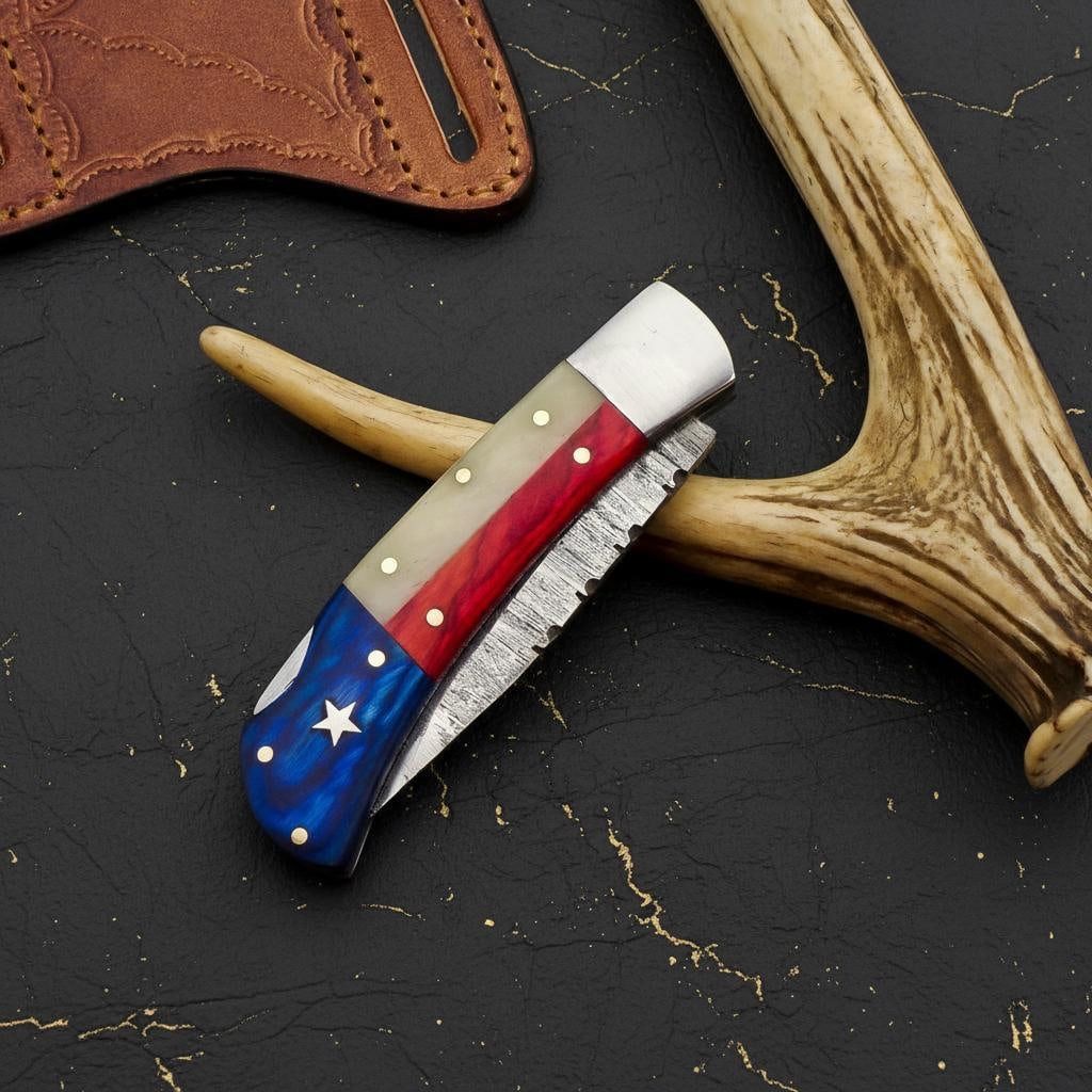 Texas Flag Folding Pocket Knife with Pakawood & Camel Bone Handle Hand Forged Damascus Blade - 4