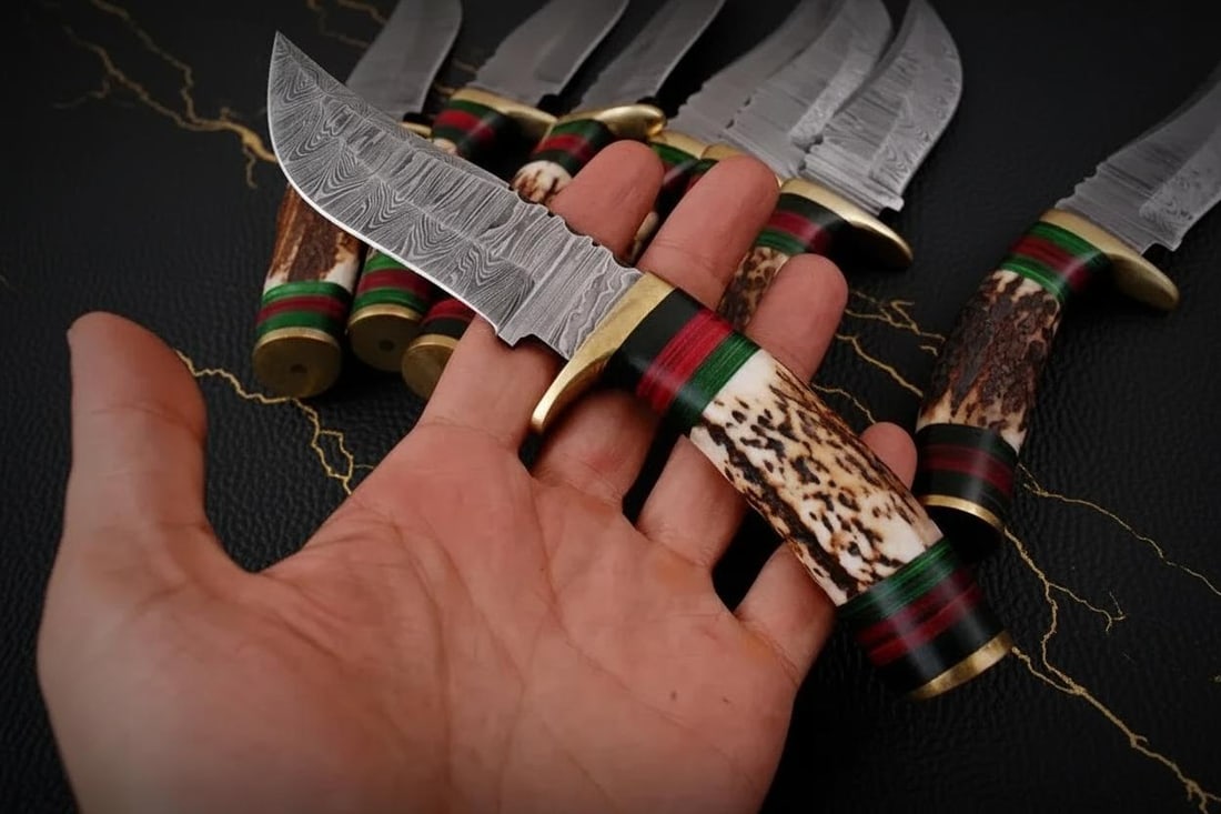 Set of 2 Handmade 8" Damascus Steel Skinner Hunting Knives with Stag Antler Handles - 2