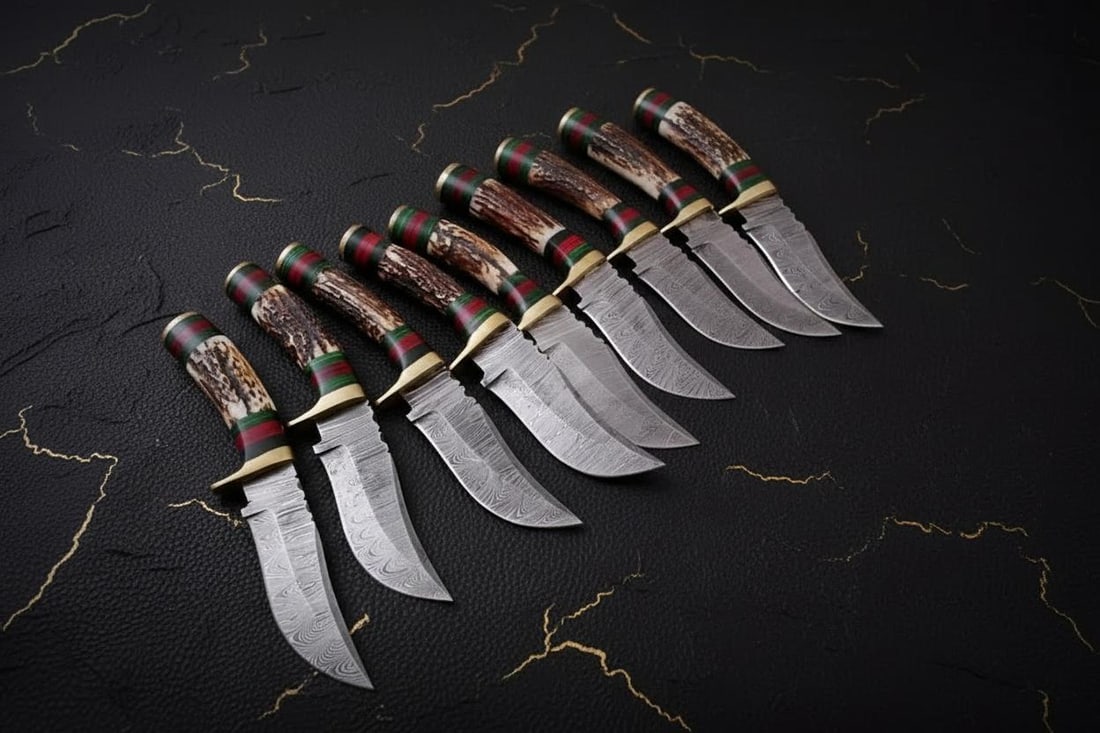 Set of 2 Handmade 8" Damascus Steel Skinner Hunting Knives with Stag Antler Handles - 3
