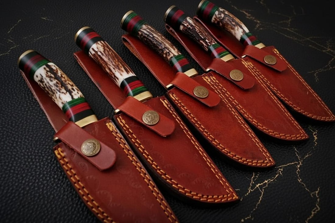 Set of 2 Handmade 8" Damascus Steel Skinner Hunting Knives with Stag Antler Handles - 6