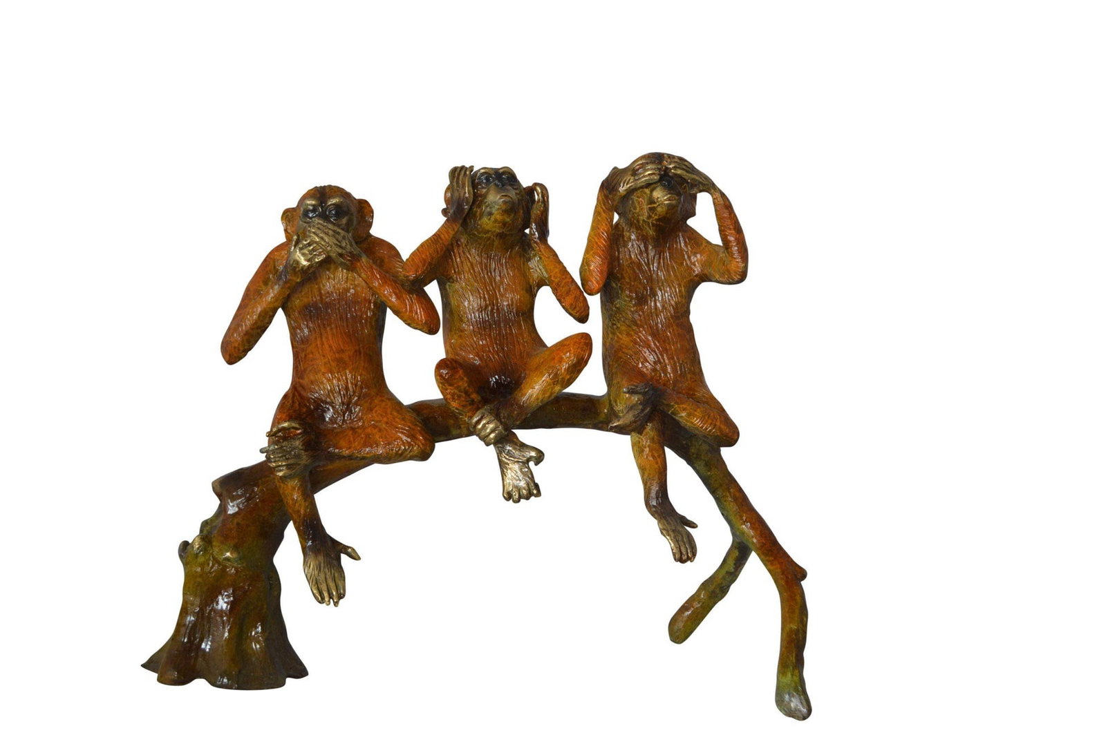 Three wise monkeys on a tree branch bronze statue - Size: 27"L x 11"W x 18"H.: Title:Three wise monkeys on a tree branch bronze statue - Size: 27"L x 11"W x 18"H.Description:Place this piece in any large outdoor or indoor area to bring light and color to the setting. This
