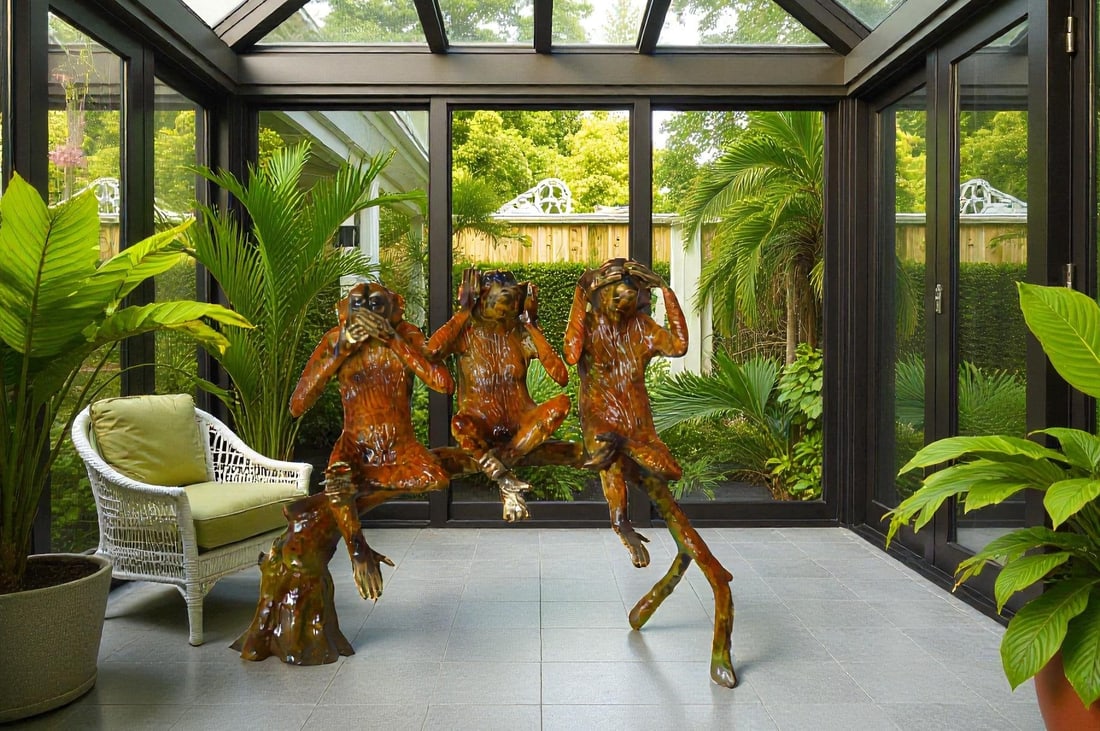 Three wise monkeys on a tree branch bronze statue - Size: 27"L x 11"W x 18"H. - 2