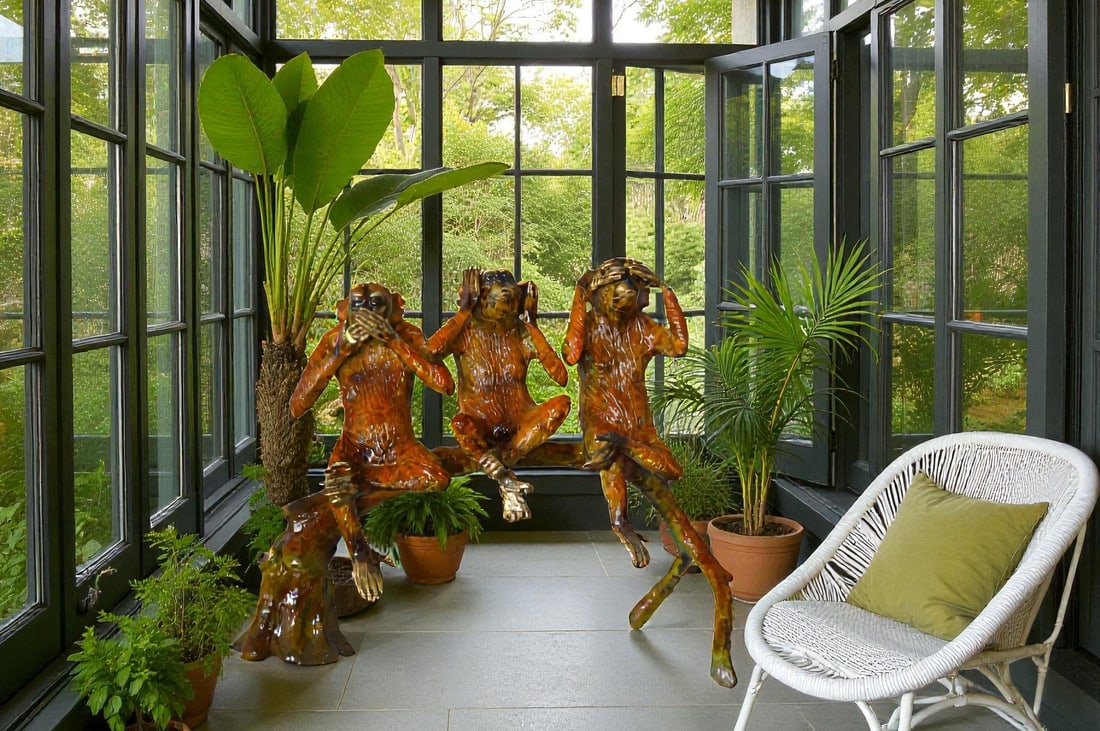 Three wise monkeys on a tree branch bronze statue - Size: 27"L x 11"W x 18"H. - 3