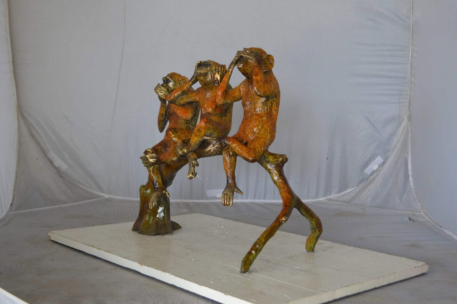 Three wise monkeys on a tree branch bronze statue - Size: 27"L x 11"W x 18"H. - 4