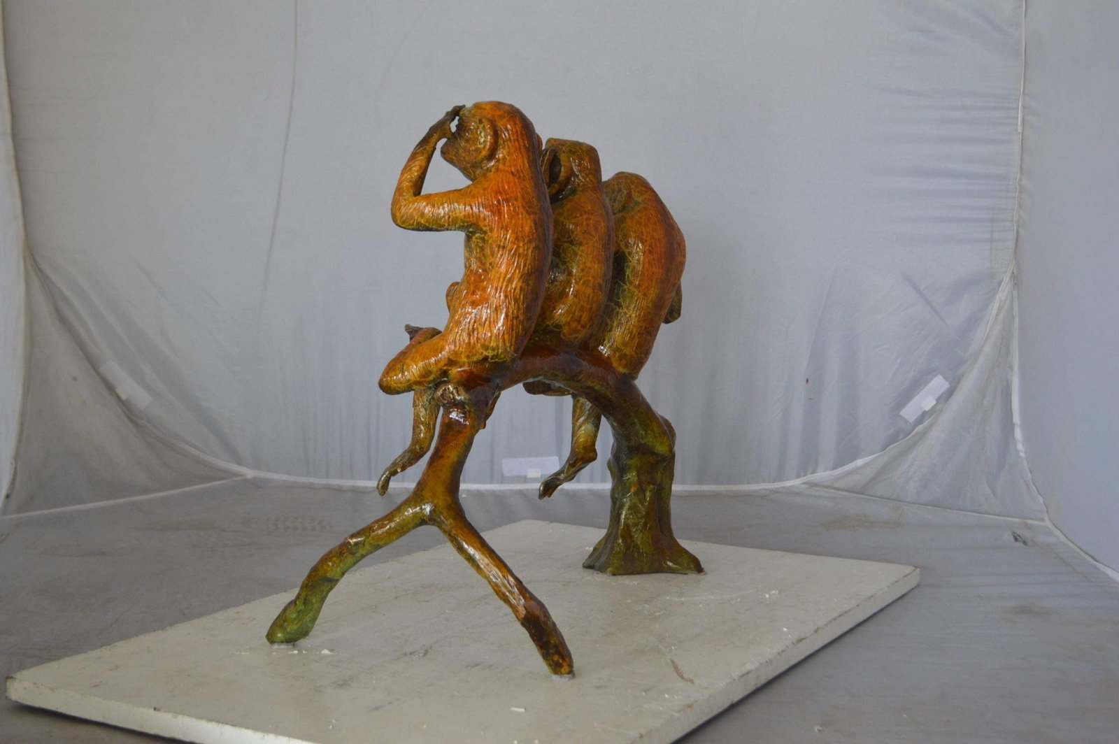 Three wise monkeys on a tree branch bronze statue - Size: 27"L x 11"W x 18"H. - 5