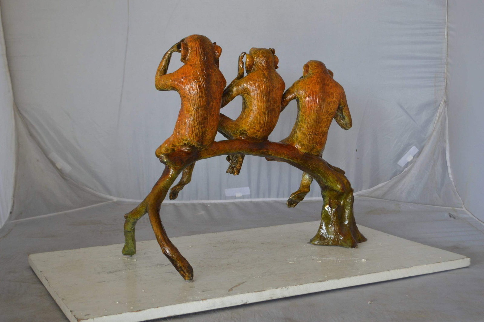 Three wise monkeys on a tree branch bronze statue - Size: 27"L x 11"W x 18"H. - 6