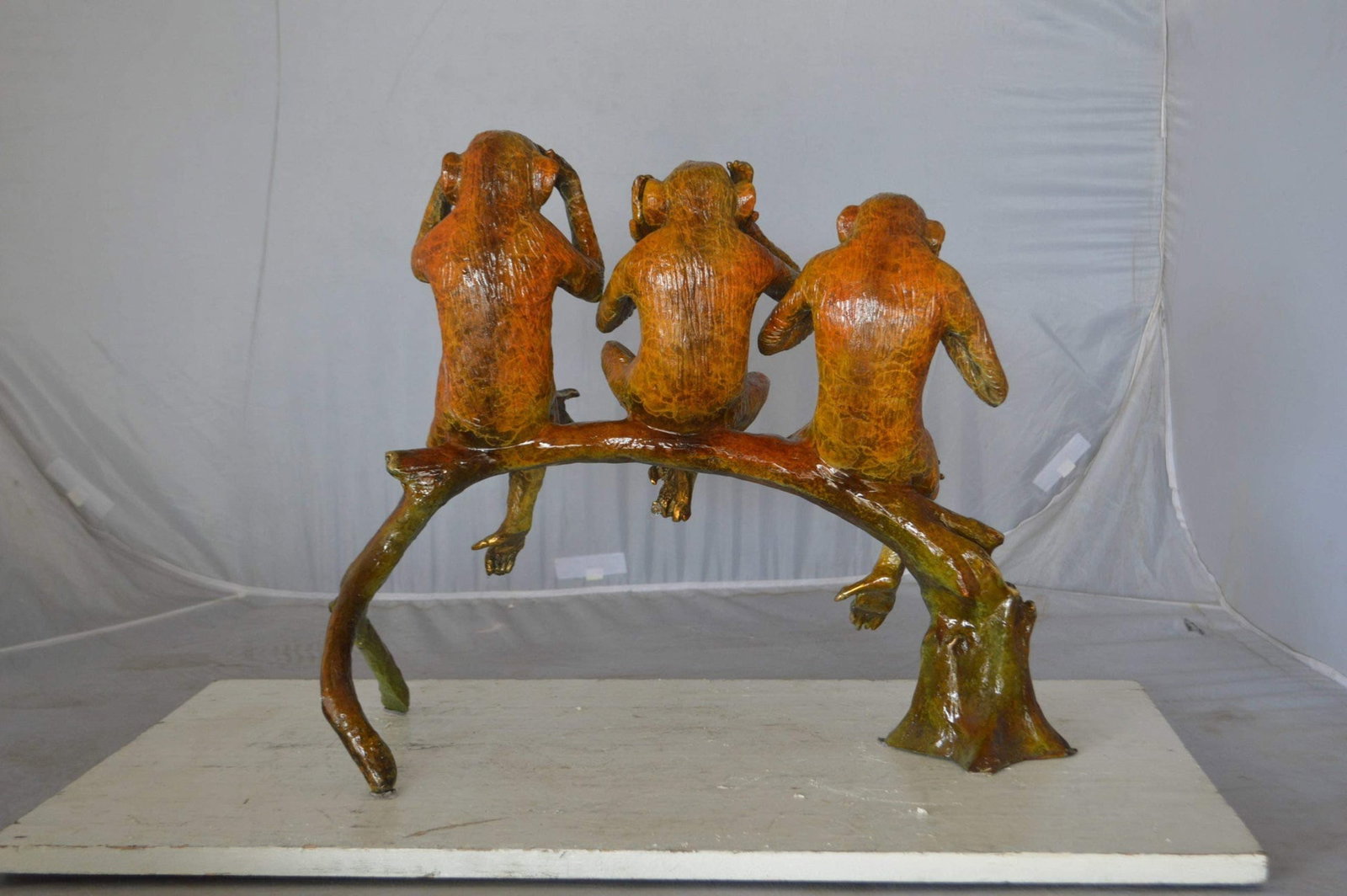 Three wise monkeys on a tree branch bronze statue - Size: 27"L x 11"W x 18"H. - 7