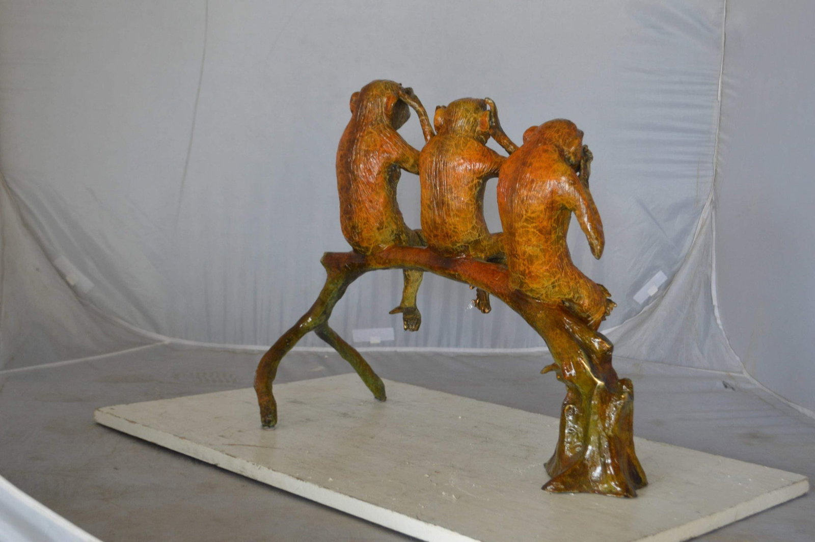 Three wise monkeys on a tree branch bronze statue - Size: 27"L x 11"W x 18"H. - 8