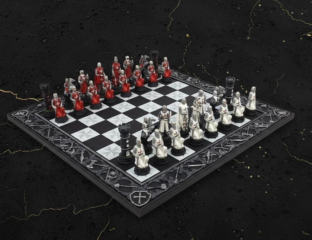 Solid Resin Medieval Chess Set Armored Maltese Knights Crusades Theme 17" Board (1 of 6)