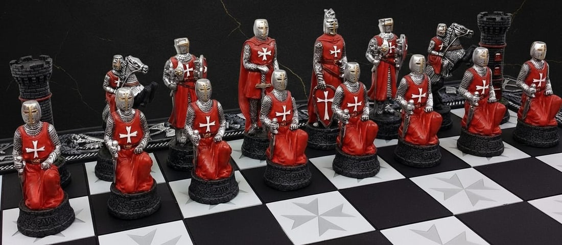 Solid Resin Medieval Chess Set Armored Maltese Knights Crusades Theme 17" Board - 2