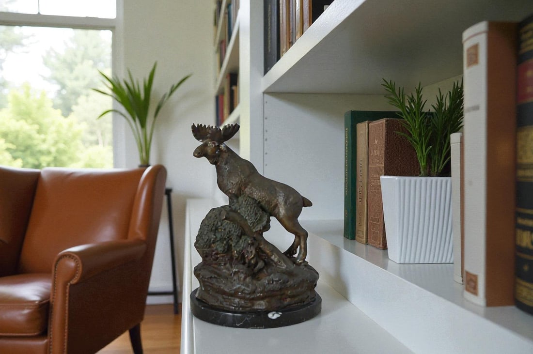 Moose on a rock bronze statue - Size: 9"L x 7"W x 14"H. - 2