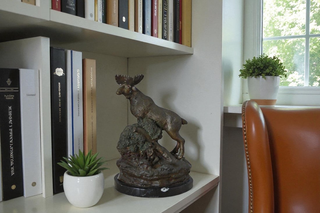 Moose on a rock bronze statue - Size: 9"L x 7"W x 14"H. - 3