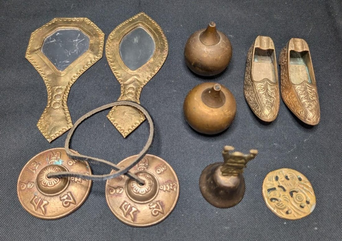 Large 10lb Vintage Brass Lot 17pc Asian Indian Decor Etched Dallah Tingsha Bells - 9