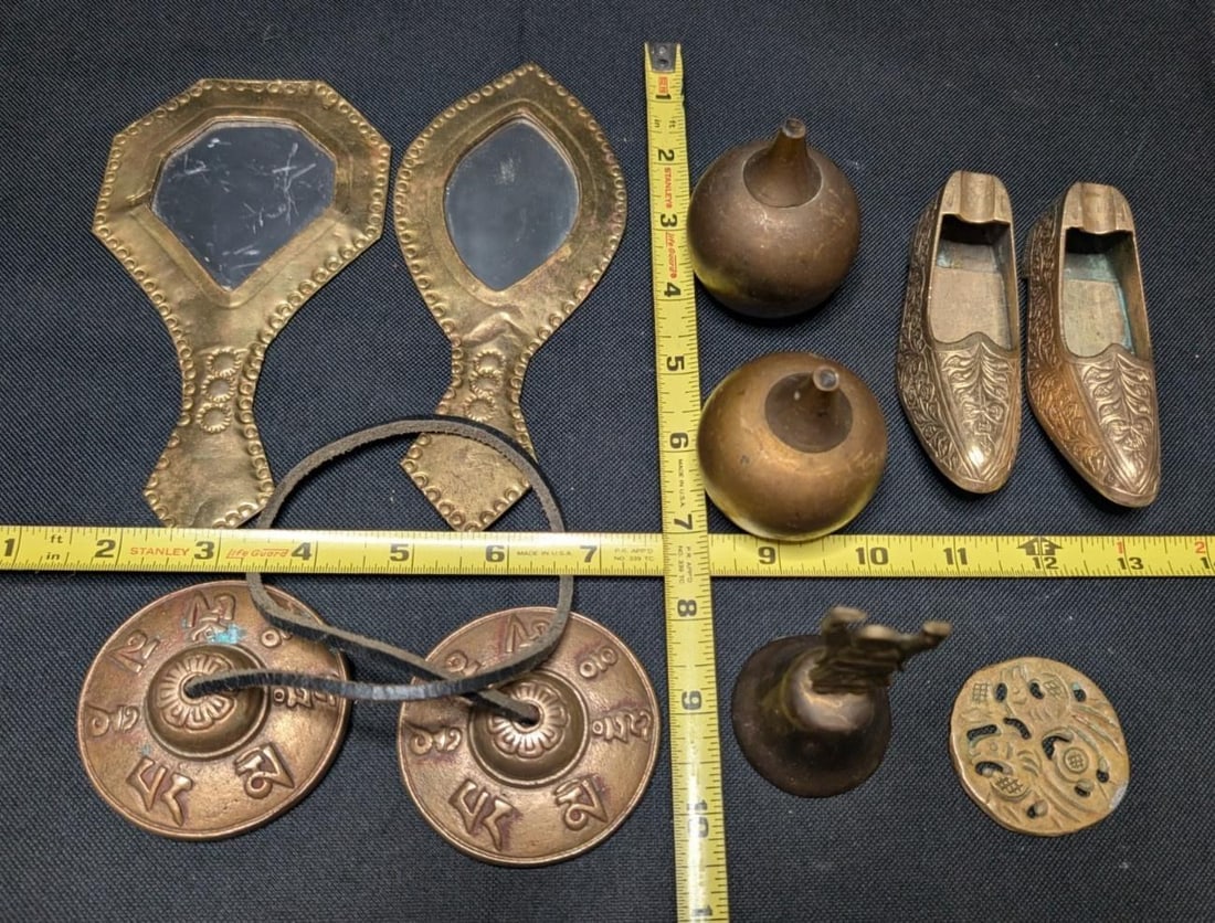 Large 10lb Vintage Brass Lot 17pc Asian Indian Decor Etched Dallah Tingsha Bells - 10