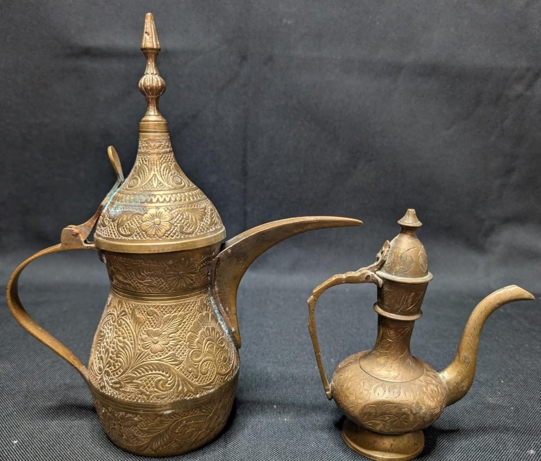 Large 10lb Vintage Brass Lot 17pc Asian Indian Decor Etched Dallah Tingsha Bells - 12