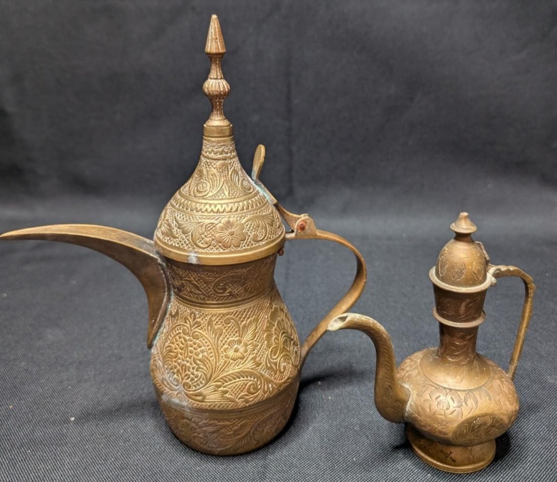 Large 10lb Vintage Brass Lot 17pc Asian Indian Decor Etched Dallah Tingsha Bells - 14