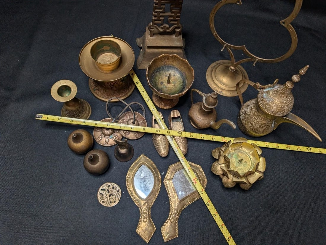 Large 10lb Vintage Brass Lot 17pc Asian Indian Decor Etched Dallah Tingsha Bells - 2