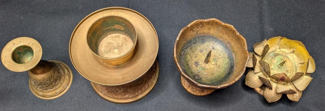 Large 10lb Vintage Brass Lot 17pc Asian Indian Decor Etched Dallah Tingsha Bells - 3