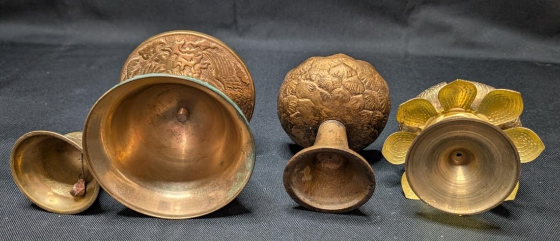 Large 10lb Vintage Brass Lot 17pc Asian Indian Decor Etched Dallah Tingsha Bells - 4